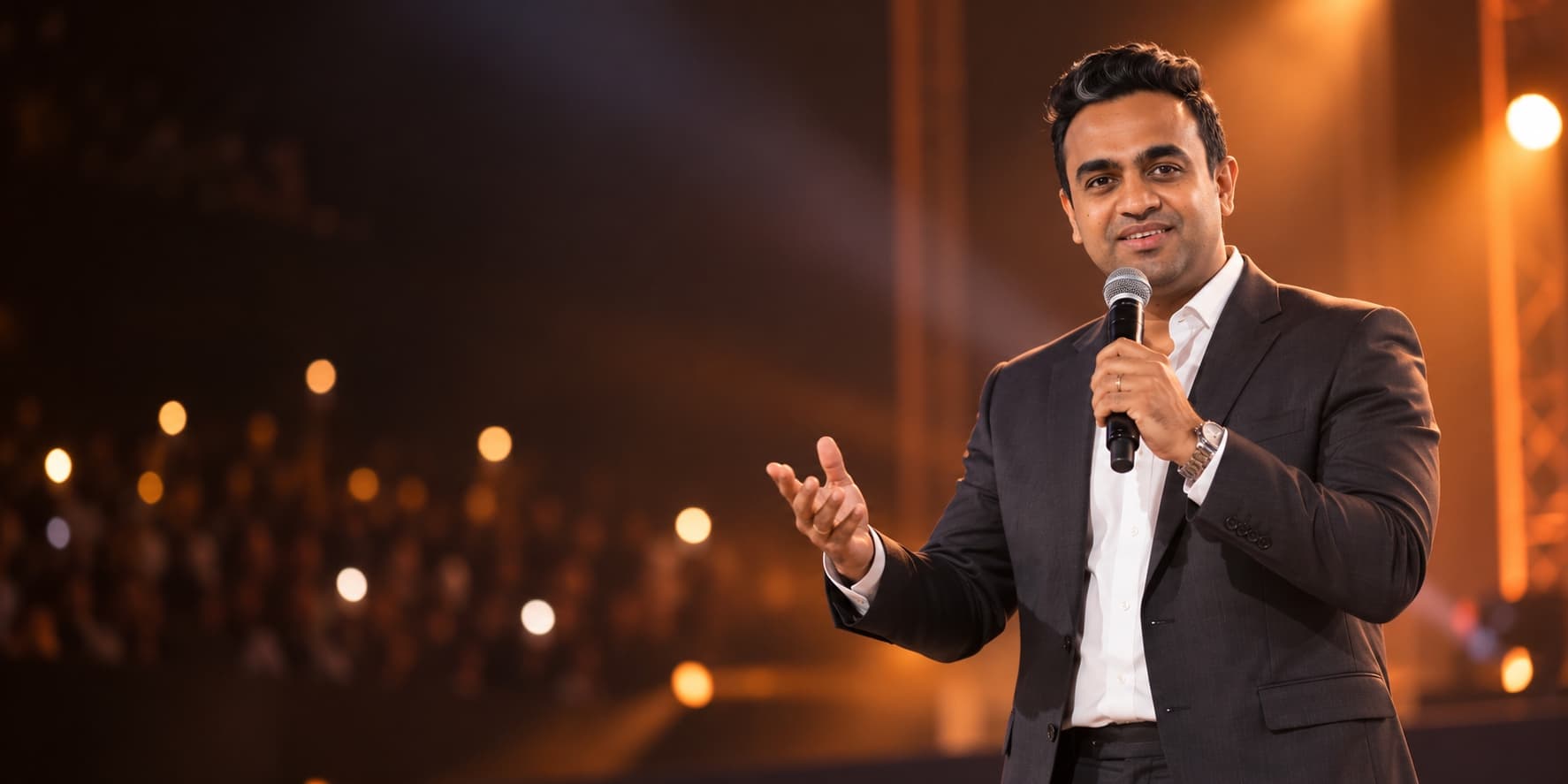 Manesh Chandran on stage with a microphone, audience lights behind him